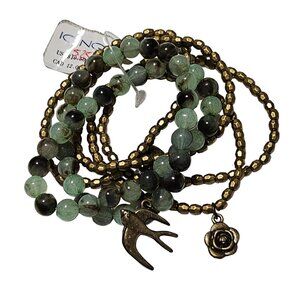 Vintage Beaded Charm Bracelets Bird Flower Green Bronze Beads Lot of 6